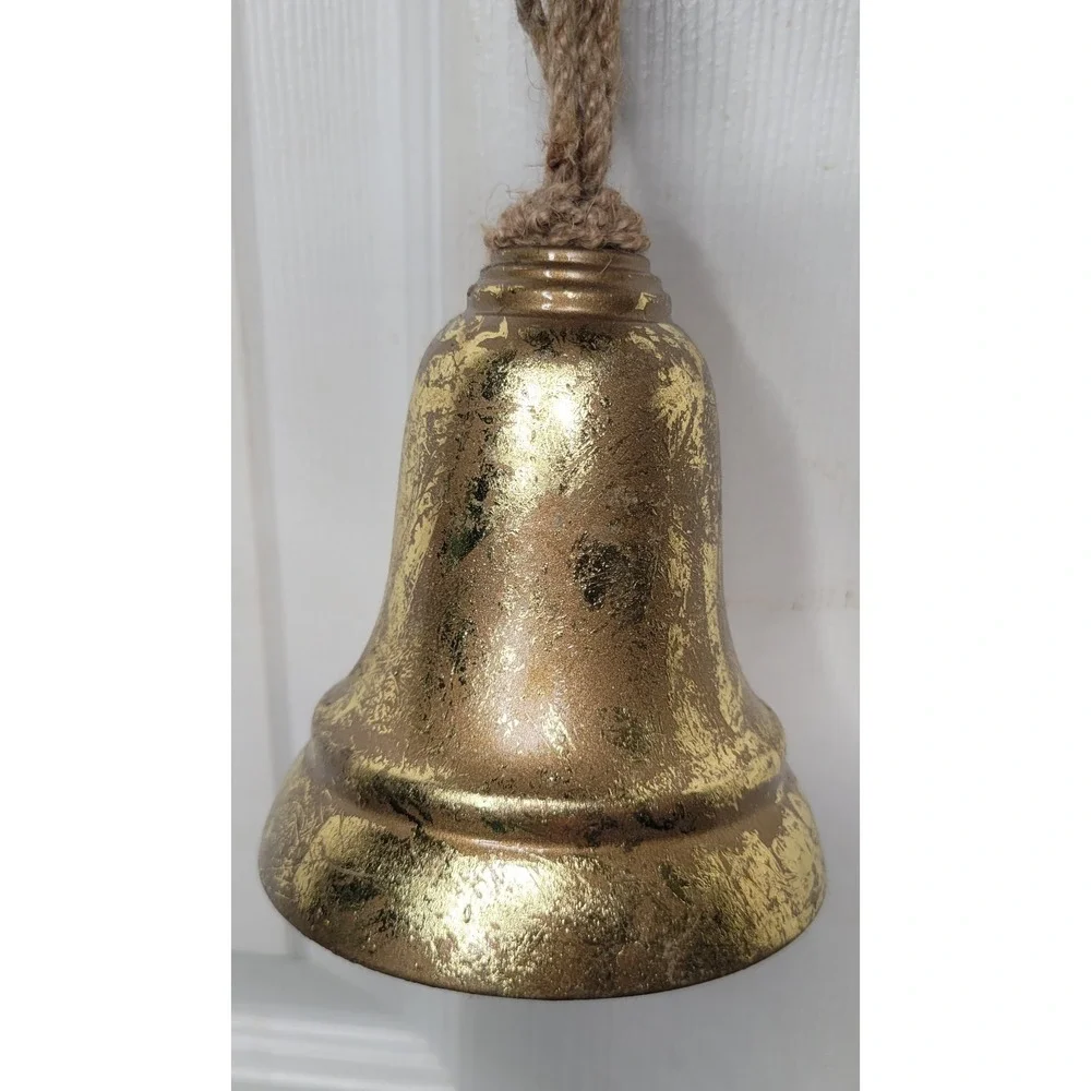 Rustic 5 Hanging Bells Gold Metal Bells w/ Jute Rope‎ Distressed Holidays Decor